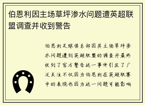 伯恩利因主场草坪渗水问题遭英超联盟调查并收到警告 伯恩利因主场草坪渗水问题遭英超联盟调查并收到警告