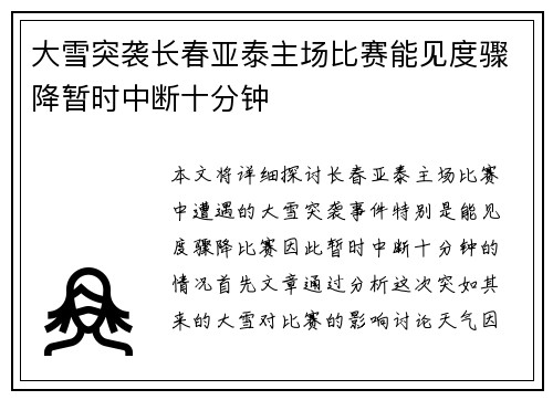 大雪突袭长春亚泰主场比赛能见度骤降暂时中断十分钟 大雪突袭长春亚泰主场比赛能见度骤降暂时中断十分钟