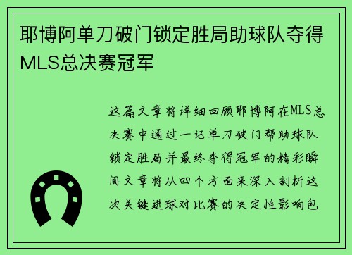 耶博阿单刀破门锁定胜局助球队夺得MLS总决赛冠军